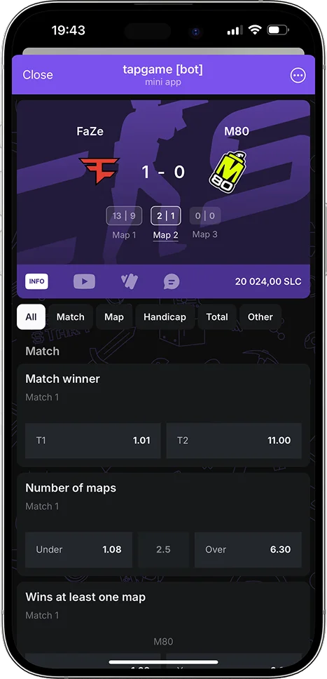 Sportsbook on Telegram — SLON Platform Telegram WebApp screen