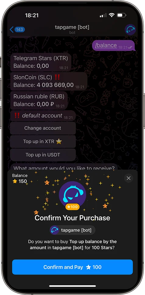 Telegram Stars & Payments — SLON Platform Telegram WebApp screen